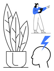 Woman holding clipboard and pointing, large potted plant illustration, head profile with lightning bolt. Ideal for creativity, teamwork, innovation, learning concepts, environment, growth simple