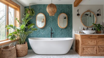 Modern Bathroom Design with Freestanding Tub and Natural Elements