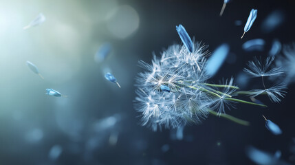 Obraz premium close up view of dandelion puff releasing delicate seeds into air, creating serene and magical atmosphere