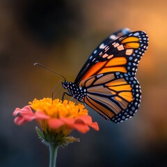 Obraz premium A stunning macro shot of a Monarch Butterfly perched on a vibrant flower its delicate wings showcasing intricate orange and black patterns The fine details of its antennae and tiny legs
