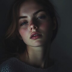 Woman portrait with moody lighting, and closeup.