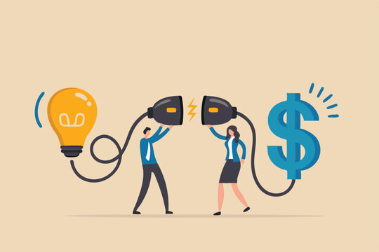 Venture capital or financial support for startup and entrepreneur company, make money idea or idea pitching for fund raising concept, businessman and woman connect lightbulb with money dollar sign.
