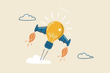 Boost creative idea, imagination, innovation or technology to help success, invent new solution to win business competition concept, bright lightbulb idea with rocket booster flying fast into the sky.