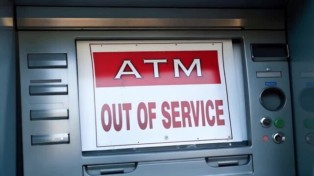 ATM OUT OF SERVICE sign on an ATM machine in the street