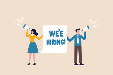 HR recruiting announcement we are hiring advertisement, human resources or employer looking for candidate for job vacancy concept, business people HR with megaphone holding we are hiring sign.