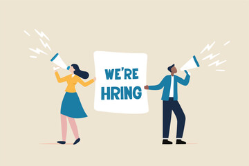 HR recruiting announcement we are hiring advertisement, human resources or employer looking for candidate for job vacancy concept, business people HR with megaphone holding we are hiring sign.