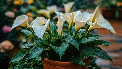 Potted white calla lily with water droplets and green leaves in brown pot.