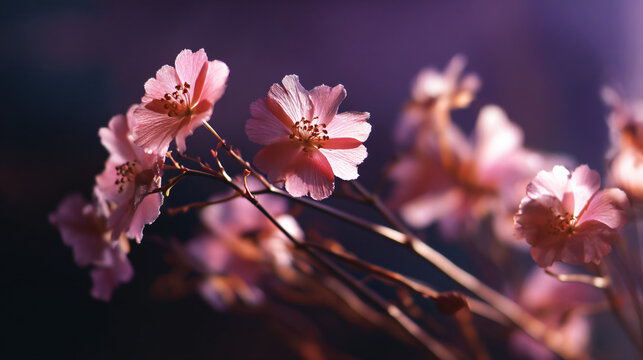 Delicate pink flowers with soft lighting and purple background. - Powered by Adobe