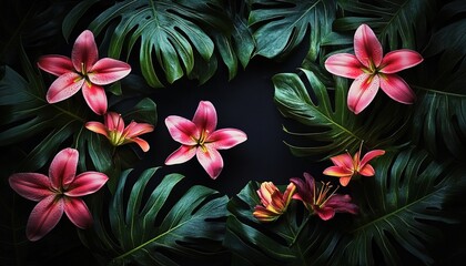 Wreath of pink-peach lilies and dark green monstera leaves on black.