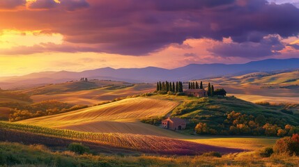 Tuscan sunset casts golden light