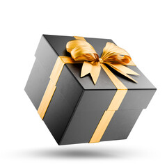 Black gift box with gold ribbon symbolizing luxury and celebration. Dark gift box with gold ribbons. Christmas gift. Sale. Gift certificate. Valentine's Day gift box. Transparent background. 3d render