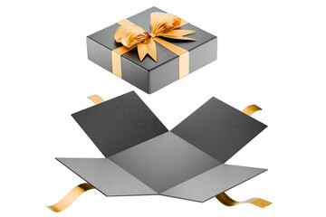 Open dark gift box with gold ribbon symbolizing luxury and celebration. Transparent background. Gift certificate. Valentine's Day. Open dark gift box with gold ribbons. Christmas gift. Sale. 3d render