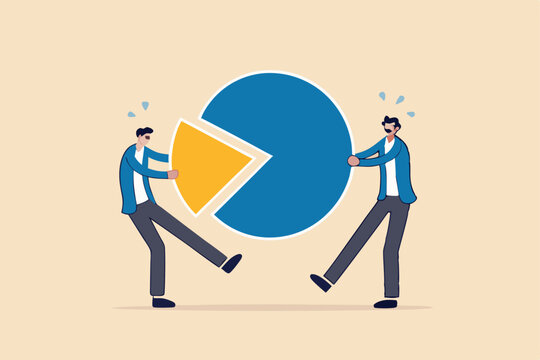 Market share percentage of industry sale, business competitor fight or battle to gain more sale concept, businessman fighting for more market share pie chart.