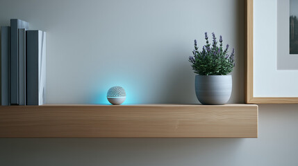 Modern bookshelf with Wi-Fi mesh device and decorative plant in a cozy minimalistic home interior