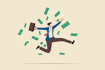 Success businessman achieve financial freedom, happy millionaire with plenty of money and wealth, income or salary increase or career opportunity concept, happy businessman jump high with money rain.