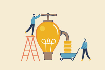 Idea to make money, earning or profit from business creativity, financial advise to gain more wealth or success rich investor concept, businessman open lightbulb idea faucet to earn money coins.