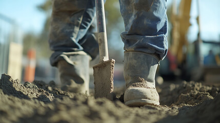 Obraz premium Construction Worker Using Shovel on Dirt
