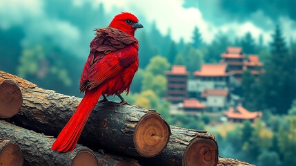 A red bird sitting on top of a tree branch