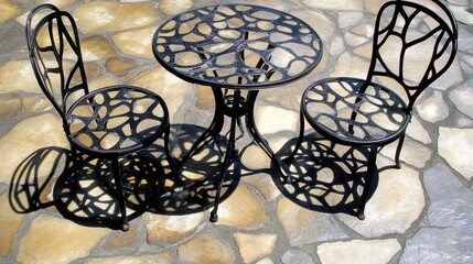 Elegant Outdoor Patio Set: Black Metal Chairs and Table on a Stone Patio