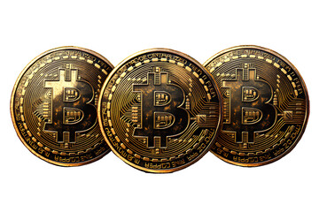 Three gold coins with a Bitcoin symbol, isolated on a transparent background