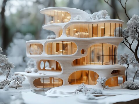 3D-Printed Architectural Model Close-Up - Futuristic Sustainable Living and Green Building Design Visualization