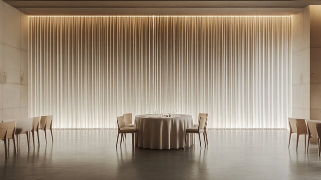 Elegant restaurant interior, round table, beige curtains, modern design, event space