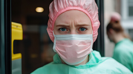 Healthcare workers in scrubs and face masks at hospital professional environment focused viewpoint