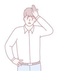 A man is showing his frustration by dramatically placing his hand on his forehead, striking a thoughtful pose