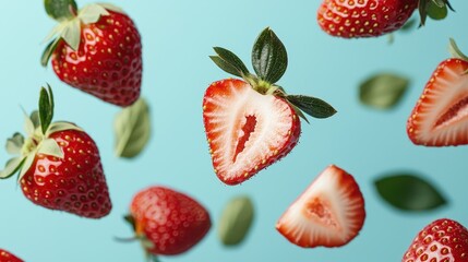 Delicate strawberries with leaves half-slices suspended clean minimalist setting cool tones overhead shot for freshness.