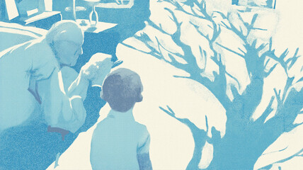 Illustration grandfather with grandson, generation gap, caring for the elderly, nursing home, helping pensioners, child care, pension, nostalgia