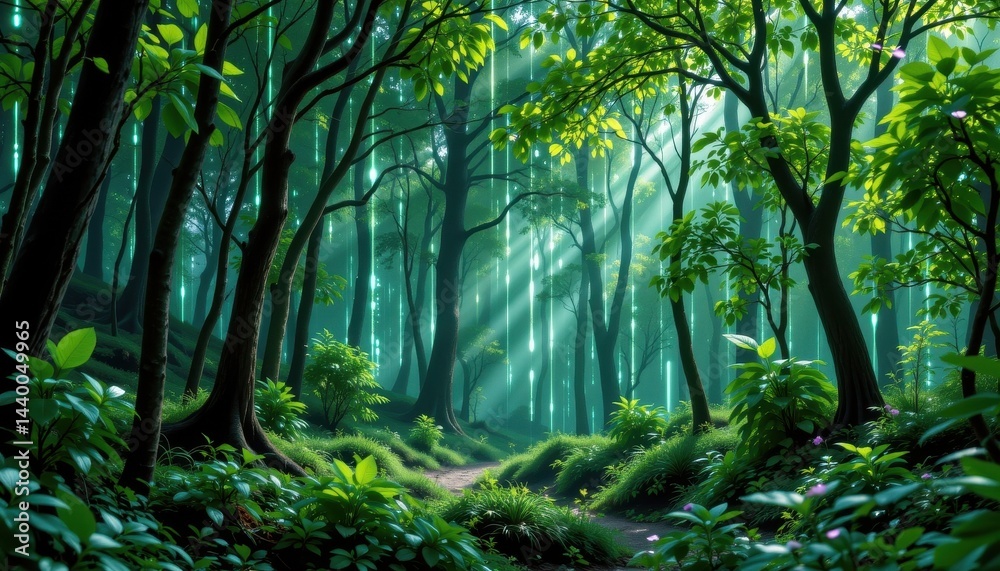 Poster digital rain forest a lush, green forest where trees are composed of luminous lines and data streams