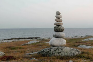Fototapeta premium Balanced stones stack near ocean tranquil scene coastal rocks zen meditation