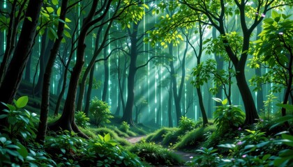Obraz premium digital rain forest a lush, green forest where trees are composed of luminous lines and data streams flowing through.