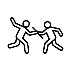 Two figures passing the baton in a competitive action  