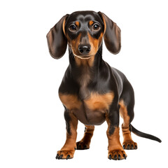 A playful dachshund with a shiny coat, standing confidently and curiously.