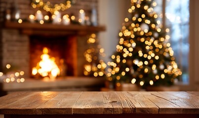 Rustic wooden table in front of Christmas fireplace and tree; Empty display surface for product placement; Home decor; Festive background; Ideal for holiday marketing material