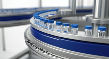 Automated production line with glass vials and blue caps moving conveyor belt, showcasing modern pharmaceutical manufacturing