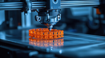 3D printing technology is showcased with orange object being created, additive manufacturing