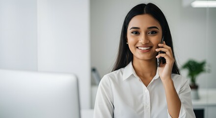 Fototapeta premium Confident Businesswoman on a Phone Call, Smiling and Professional in Modern Office Setting