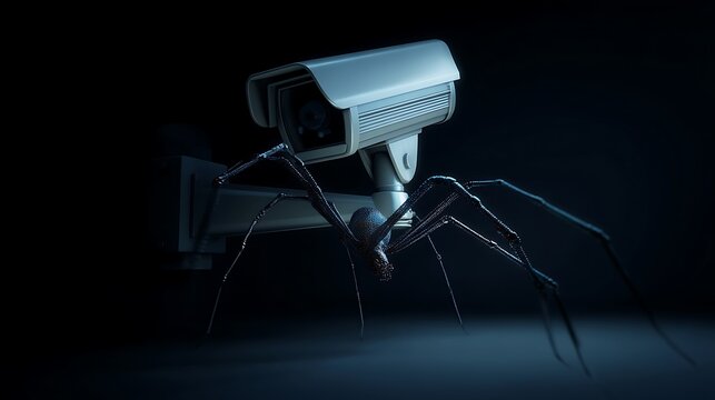 Security camera with a cyber spider crawling on it, symbolizing hacking and cyber threats.