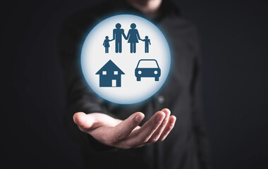  Family, car, house insurance protection concept.