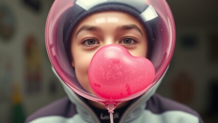 Wearing a helmet and blowing bubble gum image