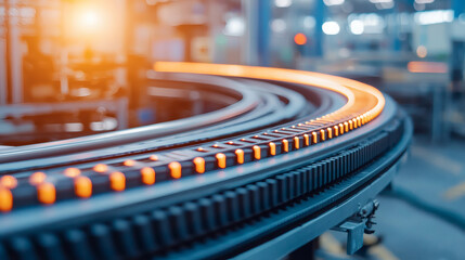 A glowing conveyor belt curves through a brightly lit, modern industrial facility with a blurred background.