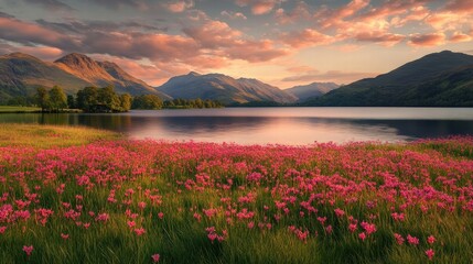 Serene lake surrounded by vibrant flowers and majestic mountains during sunset. A peaceful nature scene full of beauty.