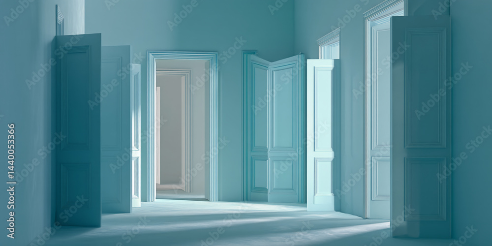Poster Light teal room interior with multiple open doors, creating a sense of transition and possibility, showcasing a minimalist and serene atmosphere, ideal for design or architecture concepts