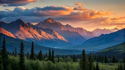 Obraz premium Majestic mountain range at golden hour with lush green forest valley