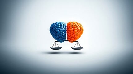 Balanced minds Two brains, one blue, one orange, balancing on scales