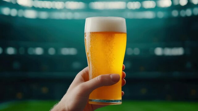 A Hand Holds a Refreshing Glass of Cold Beer at a Stadium Perfect for Sports Events and Leisure