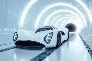 Futuristic luxury sports car hovering at high speeds through a modern interior tunnel . 3d rendering innovation concept