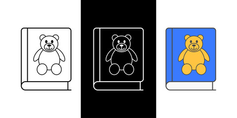 Teddy bear book icon for children's stories, cute love tales, and cozy reading themes, available in outline, dark mode, and color styles.